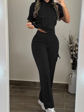 Women's Casual Hooded T-Shirt & Straight Leg Pants Set - Solid Color Lounge Outfit (S-XXL, Blue/Black/Gray/Red)_ecoleips.com