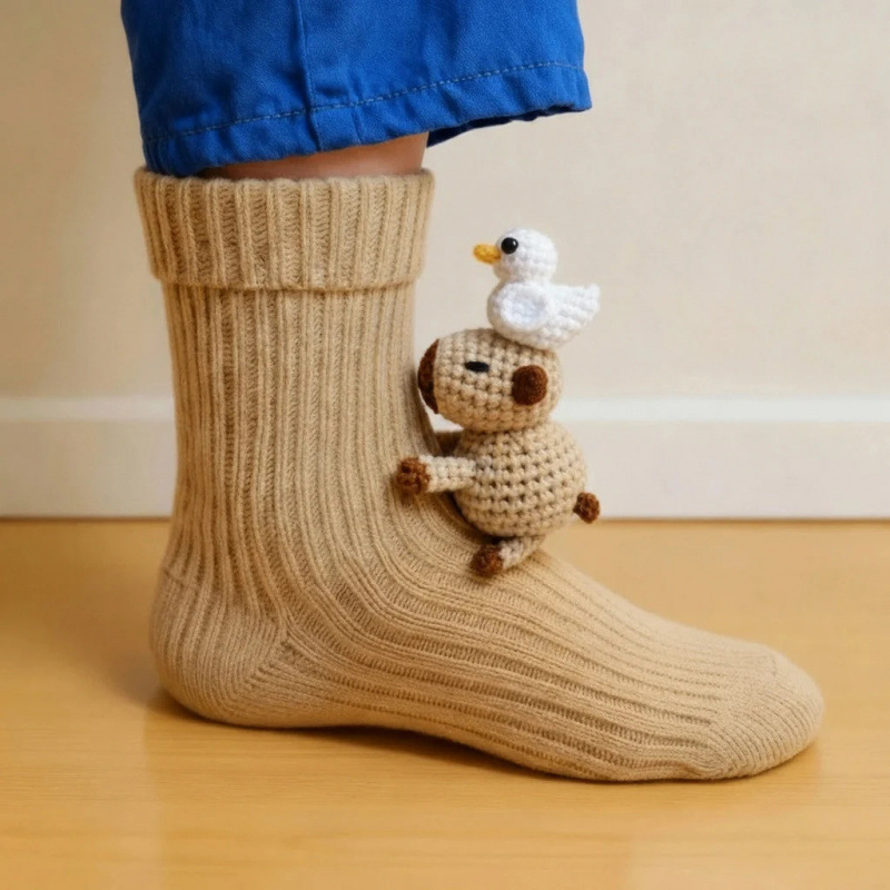 跨境新款 Animal Socks 毛绒钩针动物袜子可爱动物袜子|undefined