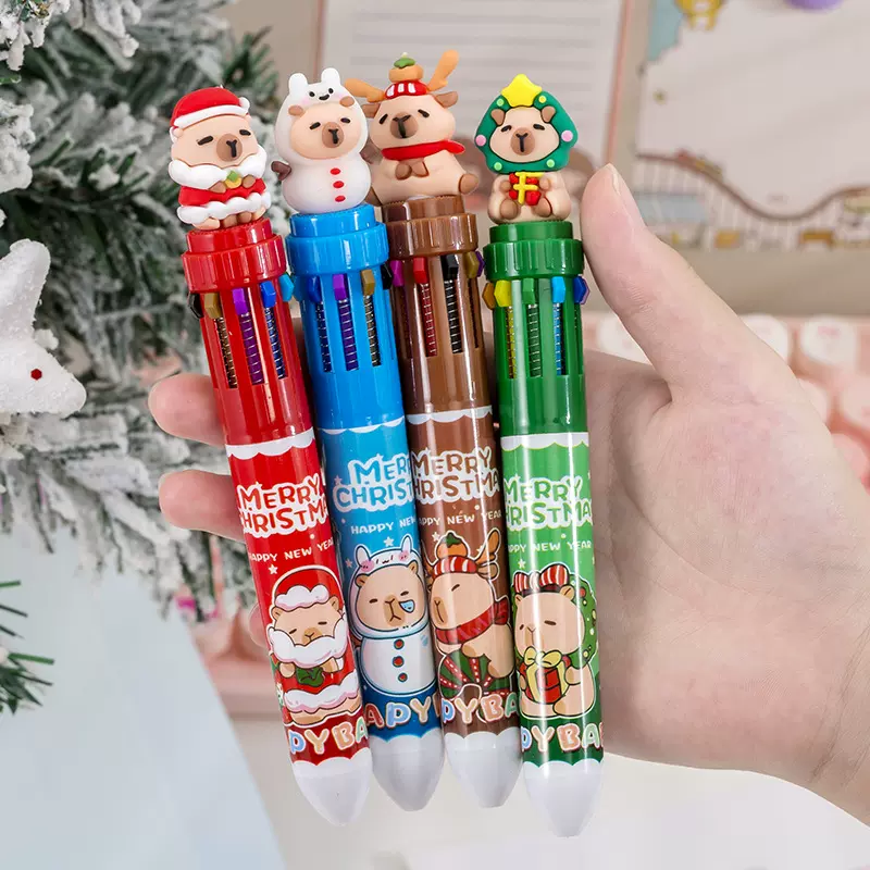 圣诞圆珠笔卡皮巴拉十色圆珠笔可爱创意圣诞老人彩色手账彩笔批发