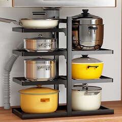 Pot storage rack kitchen shelf multi-layer home cabinet under sink countertop space layered placement pot stand