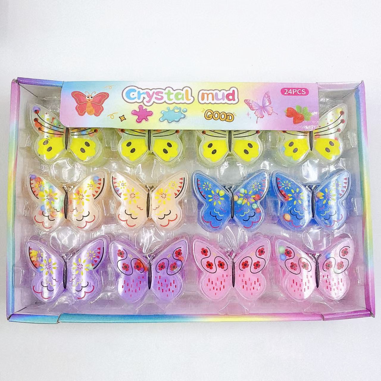 24 en pequeña mariposa de barro de cristal espumante goma dibujos animados juguetes para niños boxes de slime descomprimidas DIY 2 yuan