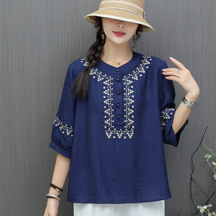 Summer Retro Shirt Women's Quarter-Sleeved Spring and Summer New Style Middle-Aged Mother's Loose Belly-Covering Top Embroidered Shirt