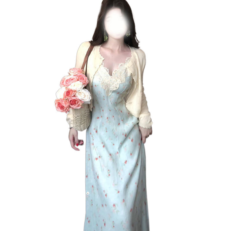 胖mm温柔风碎花吊带裙大码套装女春夏搭长袖开衫蕾丝拼接收腰长裙|undefined