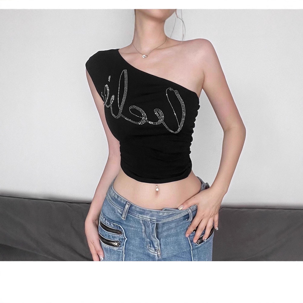 개성있는 달콤한 핫걸 스타일 블랙 레터 핫 다이아몬드 민소매 티셔츠 슬래시 넥 오프 숄더 조끼 여성용 하이 웨이스트 배꼽 노출 짧은 탑