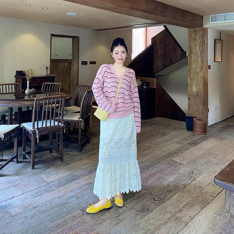 浪漫蕾丝高腰拼接夏秋款半身裙2025新款高级百搭洋气纯色显瘦长裙|undefined
