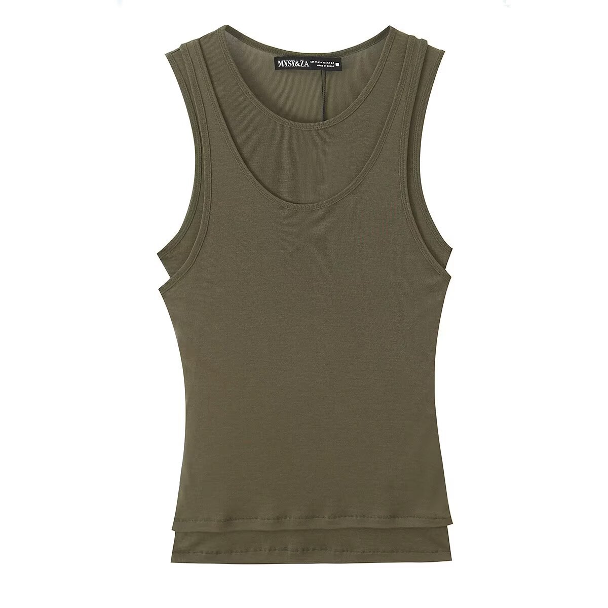 Women's Slim Fit Double-Layer Sleeveless U-Neck Top - Versatile Layering Essential In Black, White, Olive Green_ecoleips.com