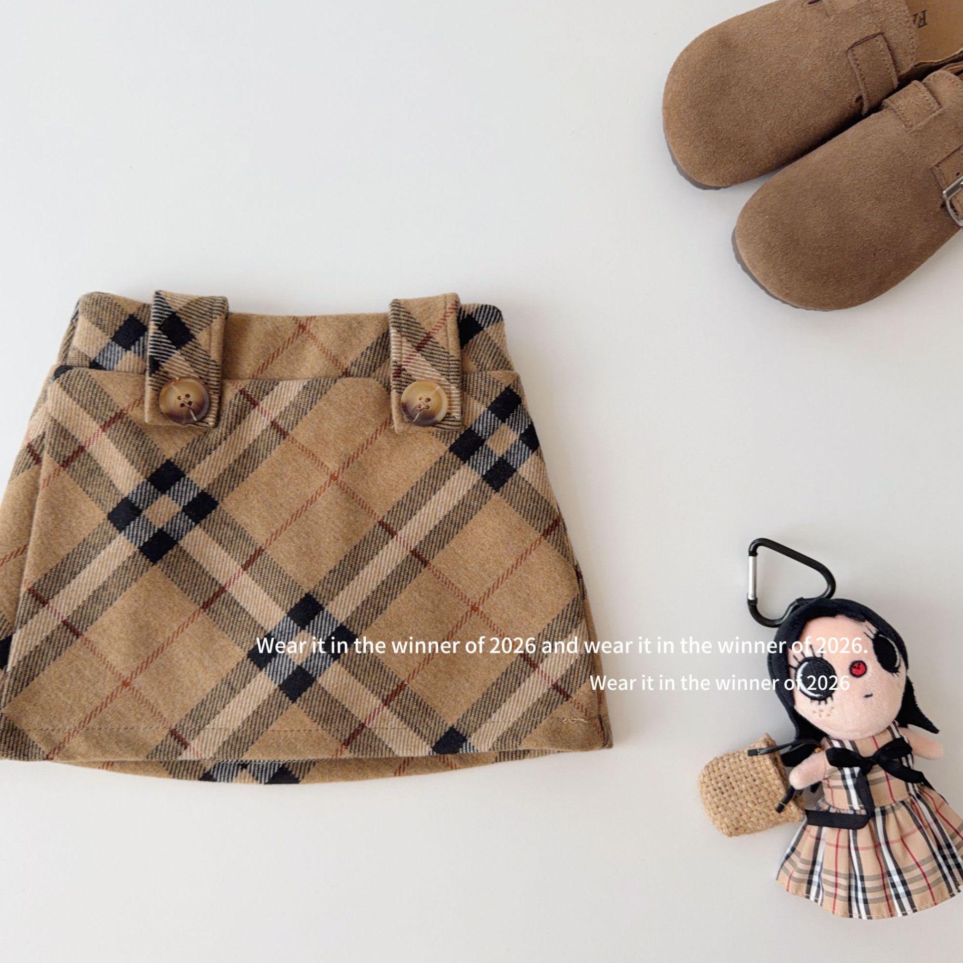 【With Shorts】Girls' Vintage New Korean Style Khaki Plaid Casual Autumn-Winter High-Waisted Slimming A-Line Skirt