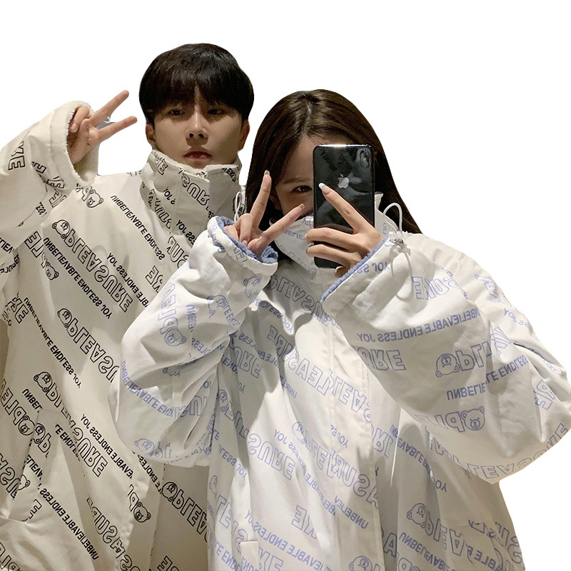 Abrigo de algodón acolchado de lana de cordero de doble cara para hombre Otoño e Invierno estilo de Hong Kong abrigo de algodón acolchado estampado completo suelto estilo coreano de moda chaqueta acolchada de algodón de pareja a juego