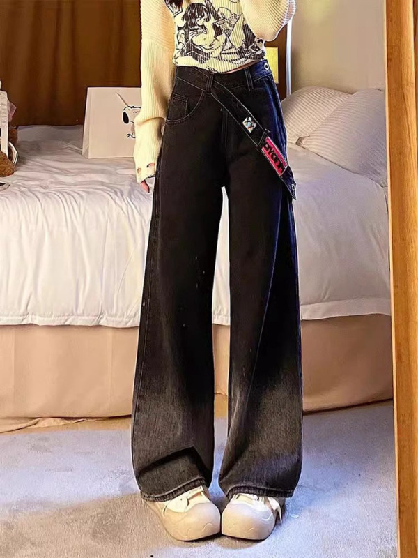 渐变黑灰色侧边拉链阔腿牛仔裤女春秋季美式复古高街直筒高腰裤子|undefined