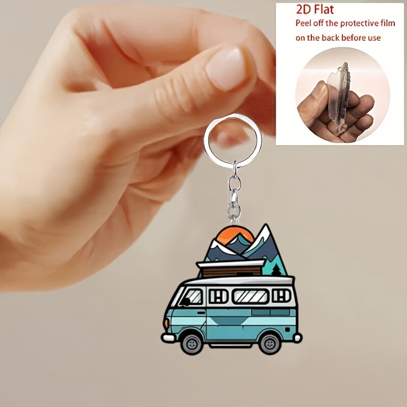 Cross-Border New Hot-Selling Creative Camper Van Acrylic Keychain Pendant, with Clear Printing