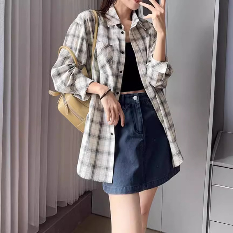 Meiyang Same-style Bubble Plaid Jacket Yarn-dyed Plaid * Fold Texture Casual Art Long Shirt Windbreaker