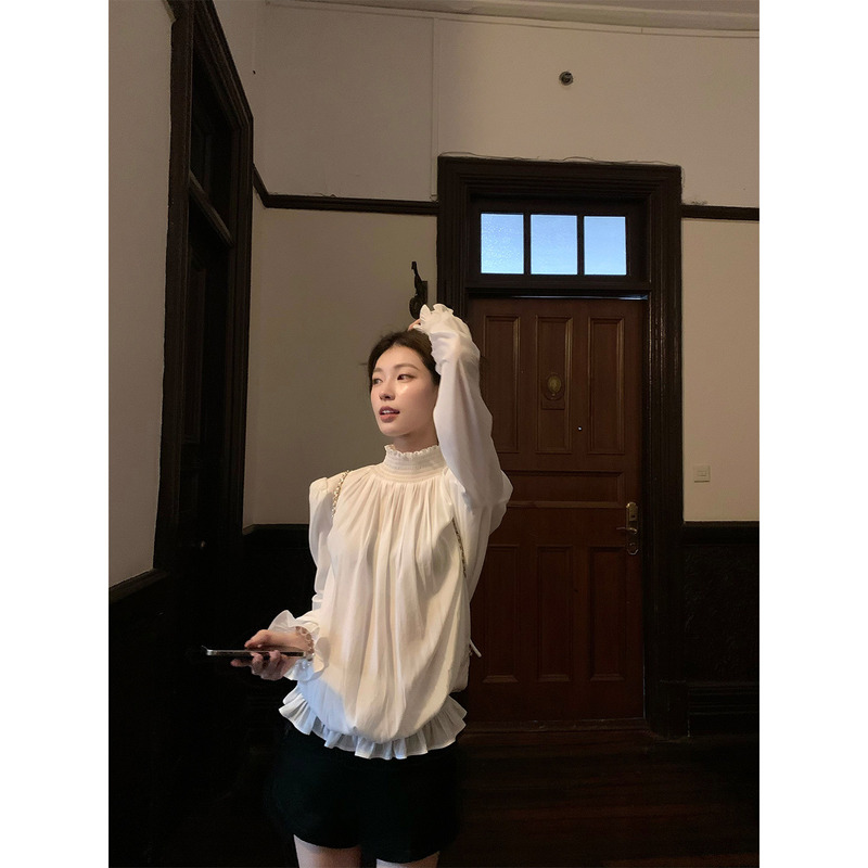 SourceWithU 纯白美学 早秋bi备温柔简约花瓣袖奶白长袖衬衫上衣|undefined