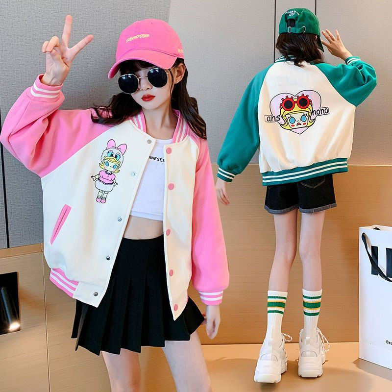 女童春秋新款日系棒球服开衫2023时髦中大童拼色运动外套韩版上衣