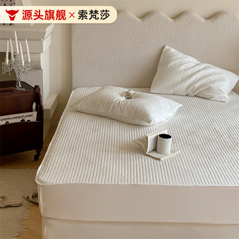 Pure Cotton Bed Cover Single Piece Padded Cotton Thickened Simmons Mattress Protector Non-Slip Fixed Dustproof Bed Cover Solid Color Bed Cover