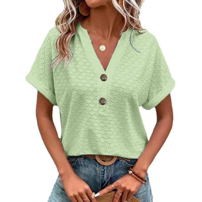 2025 春夏ヨーロッパとアメリカのクロスボーダー Amazon 独立したステーション新しい婦人服ファッションカジュアル無地ボタン V ネック T シャツ女性|undefined