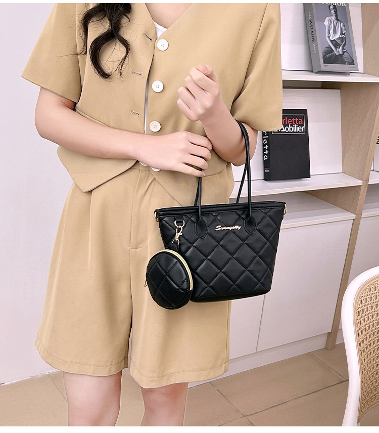 Sewing Thread Fashion Element Zipper Closure Type Women's Medium Pu Leather Argyle Streetwear Sewing Thread Bucket Zipper Tote Bag
