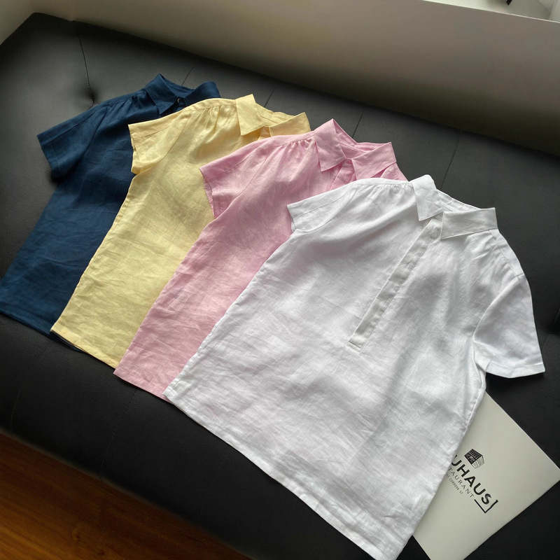 Canadian Version of Laff Maizi's Polo Collar Pony Logo Embroidered Short-Sleeved Loose Shirt Linen Shirt