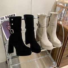 小众复古风粗跟显瘦靴子女2025新款夏季百搭增高小个子高跟中筒靴