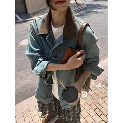 广州黄峥韩版复古水洗拼皮翻领工装牛仔外套女百搭夹克上衣530858