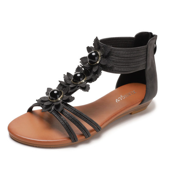 Amazon cross-border sandals for women 2024 new summer bohemian style retro flower wedge Roman shoes