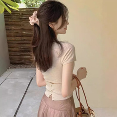 5851 # フランスの甘くてスパイシーなアプリコットニット半袖Tシャツ、夏用女性用、スリムフィット、ハイウエスト、ショートショルダートップ