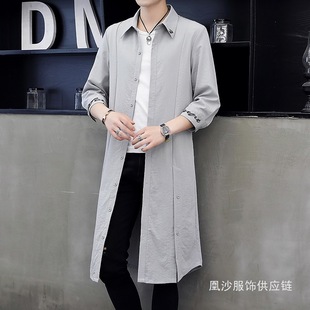 Men's windbreaker coat summer mid-length knee-length seven-point sleeve shirt cotton and linen mid-sleeve handsome sunscreen thin burn sand