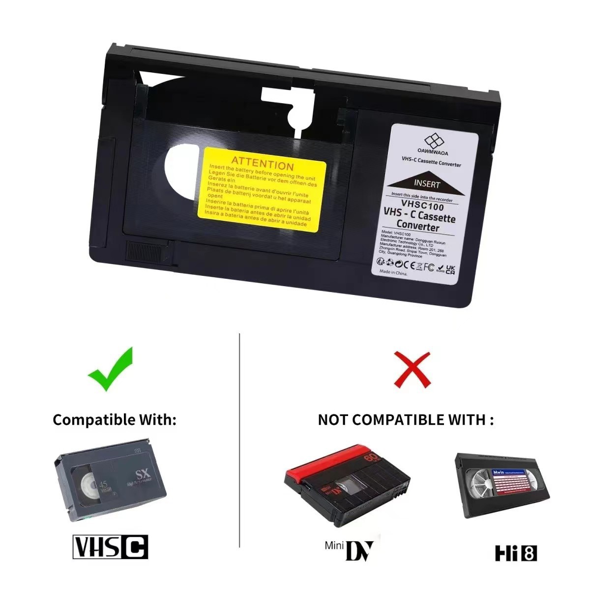 Original video tape VHS to VHSC 1/2 video tape converter box adapter box Minid/Hi8 is not compatible