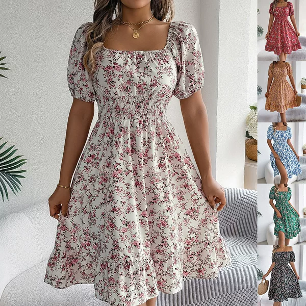 Real Shot of 2026 Spring/Summer European and American Floral Square-Neck Short-Sleeve Waist-Cinching Ruffle A-Line Dress Amazon Cross-Border Women's Clothing