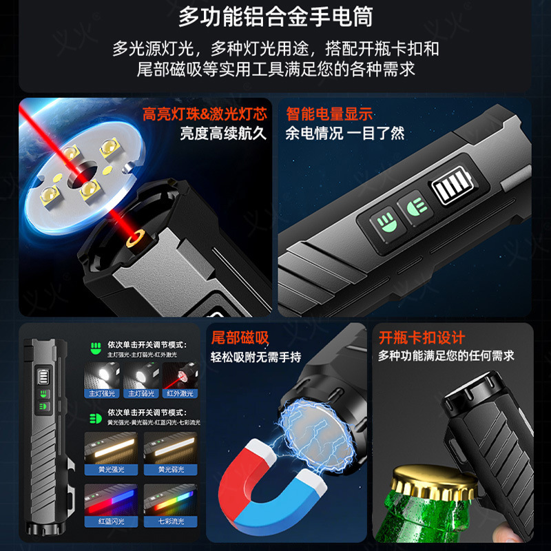跨境铝合金变色龙手电筒LED多功能户外手持工作灯充电强光手电筒|undefined