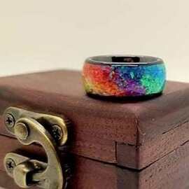用彩虹和夜光力量手工制作的 凹槽戒指 戒指铭文和礼品盒选项