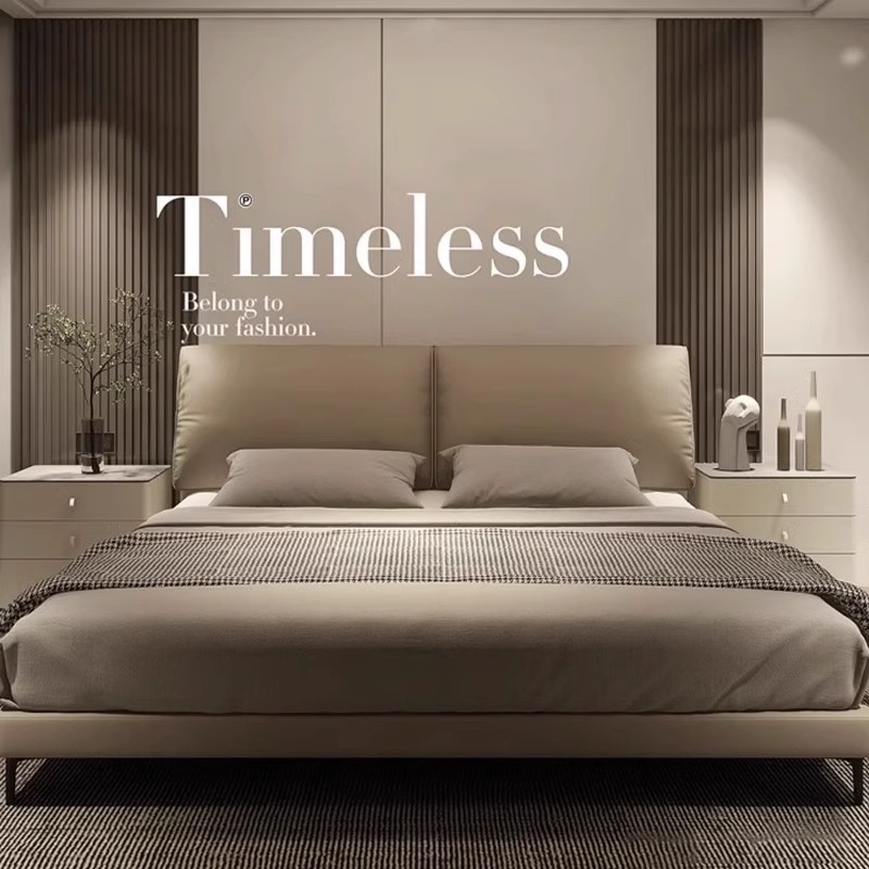 Cama de cuero ligera de lujo italiana, cama de orejas de elefante moderna y simple, cama principal de alta gama, atmósfera doble, cama de boda doméstica.