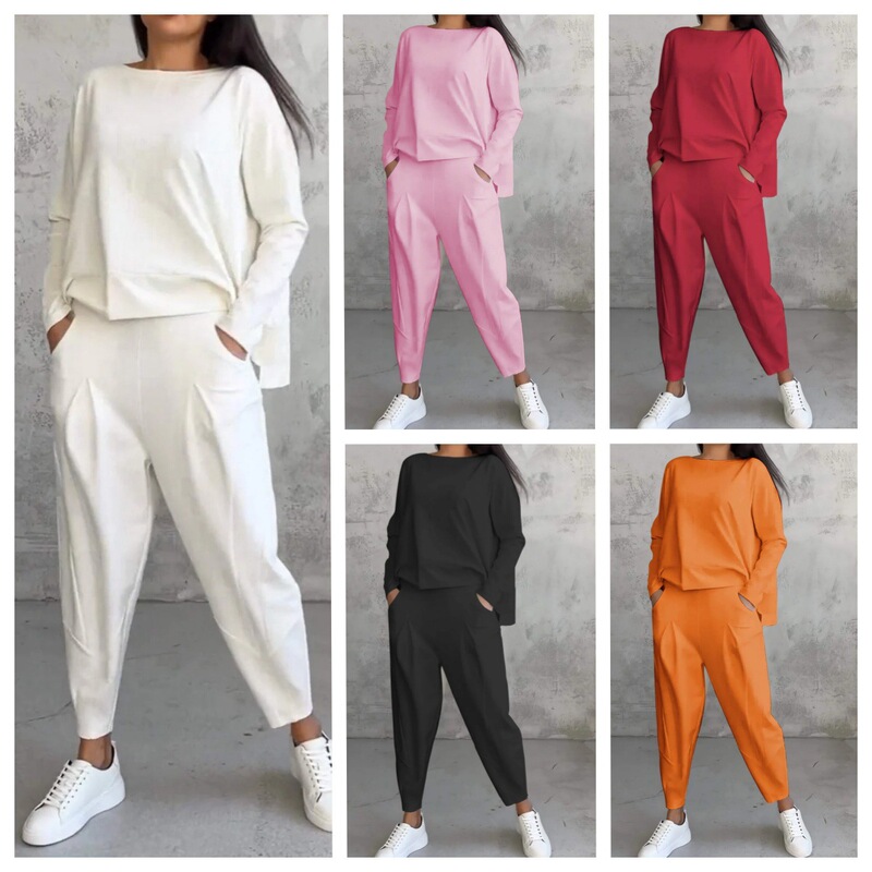 2025 New European and American Cross-Border Foreign Trade Women's Solid Color Round Neck Long Sleeve Suit Women's Pocket Pants Long Pants Women's Top