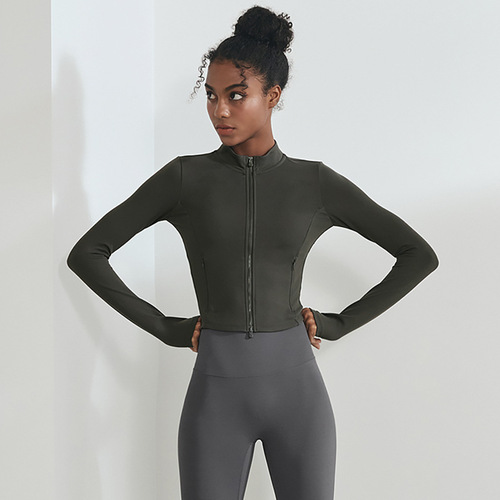 Tight Korean style short yoga wear, high elastic nylon brushed slim fit fitness jacket, nice zipper style