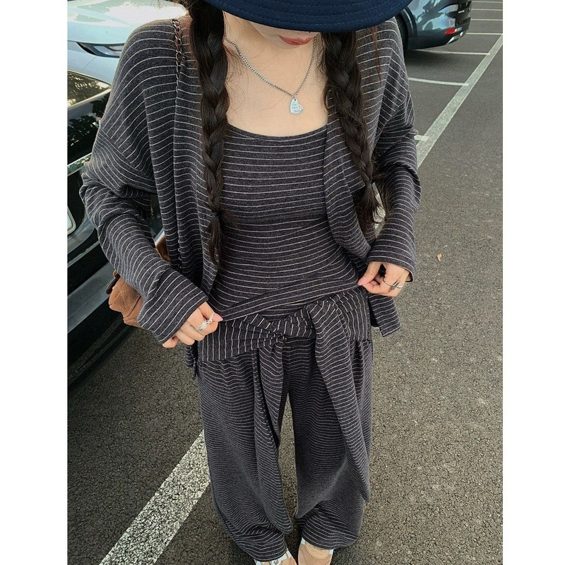 Classic Retro Black and White Woven Pinstripe Camisole Cardigan + Tie-Up Flared Pants Lazy Suit Cotton Spliced Long Sleeves