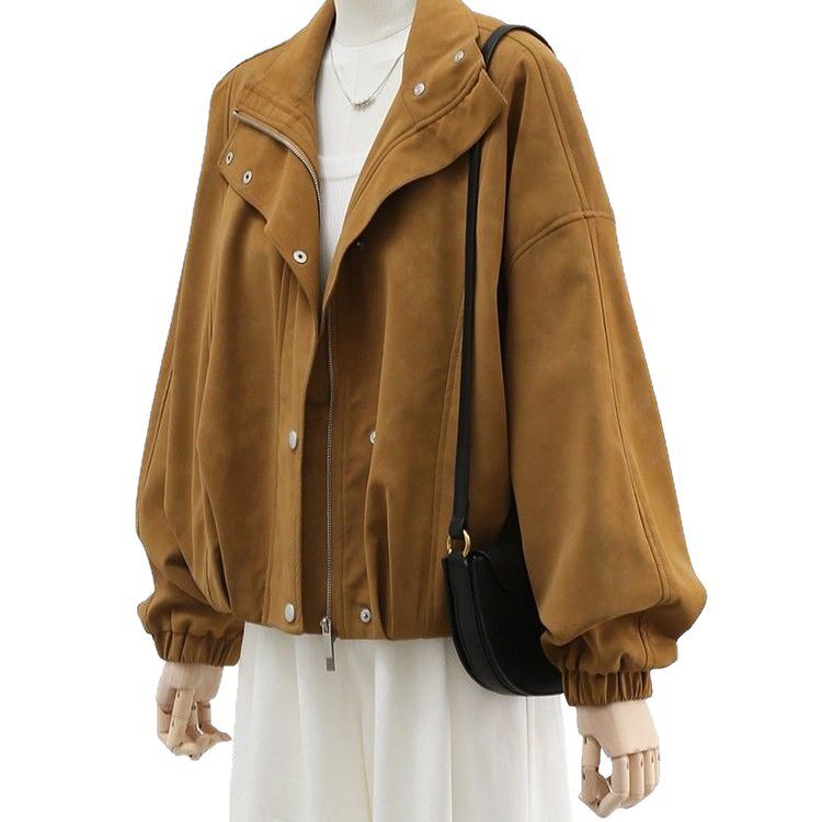 Áo khoác nữ dáng rộng cổ đứng phối lệch phong cách vintage, form suông thoải mái, khóa kéo tiện dụng — Brown Original Vải Nâng cấp
