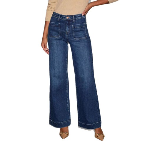 European and American spring high-waisted women's denim pants—slimming, wide-leg, vintage-style, straight-leg pants with an aged finish.