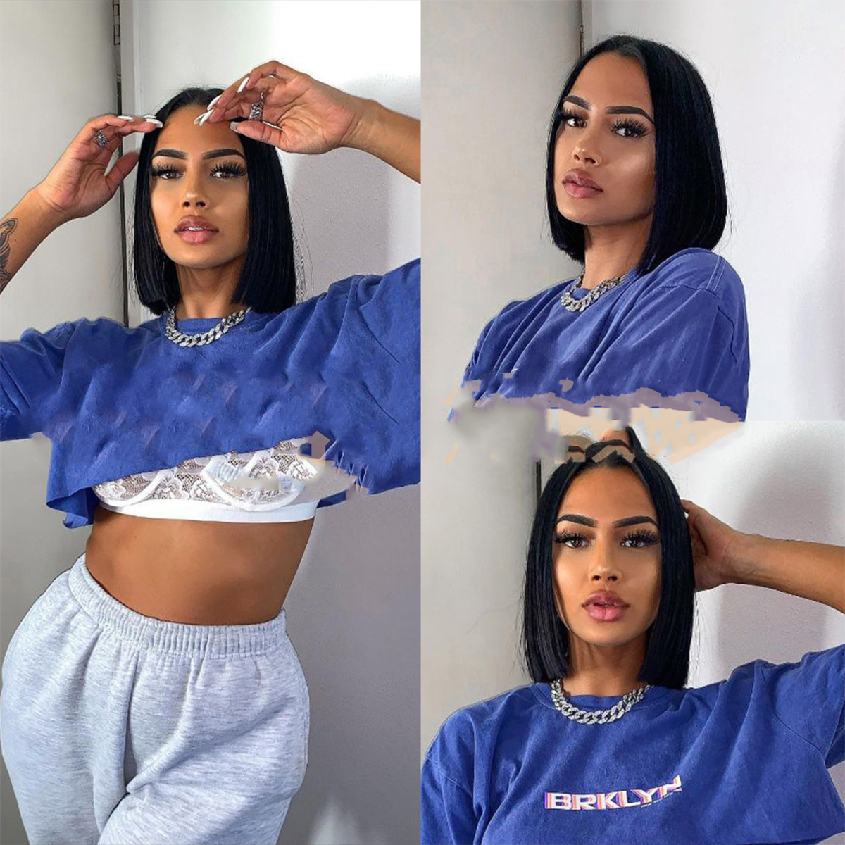 Amazon nueva peluca europea y americana de las mujeres de longitud media de pelo corto recto oblicuo Bangs onda cabeza gradiente de color moda pelo corto cubierta de la cabeza