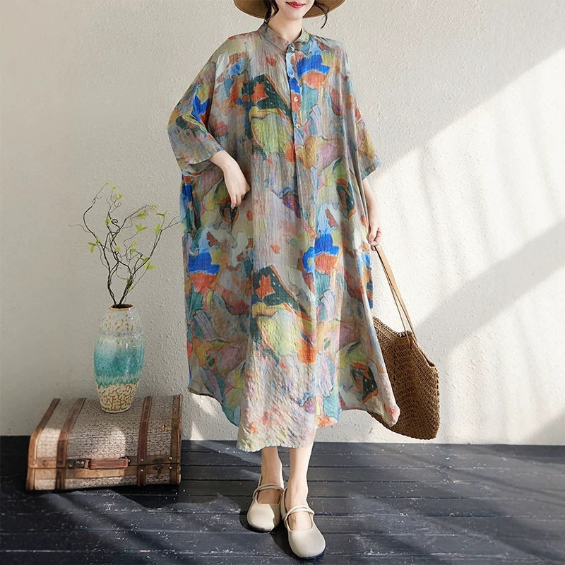 100kg New Season Style Elegant Artistic Retro Cotton and Linen Printed Stand-Collar Loose Oversized Vacation Dress