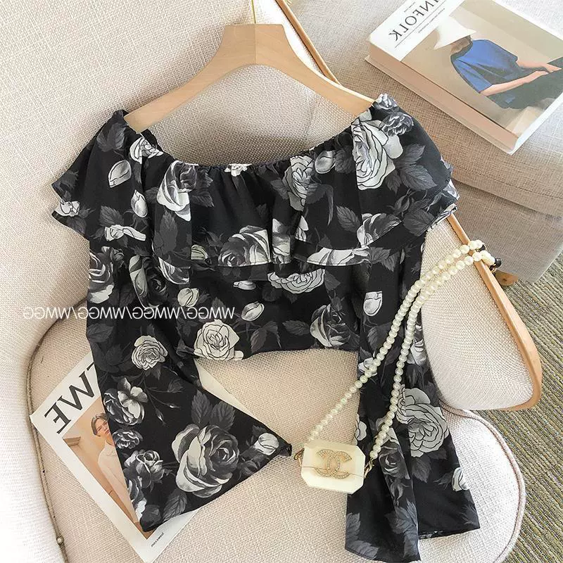 Европейский дизайн с цветочным принтом, шея, плечо, тонкая короткая открытая рубашка с рукавом-колокольчиком для пупка