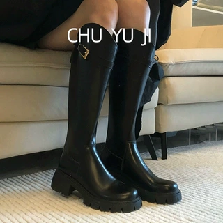 初遇季V口骑士靴高筒厚底长筒靴女2026春秋不过膝粗高跟长靴