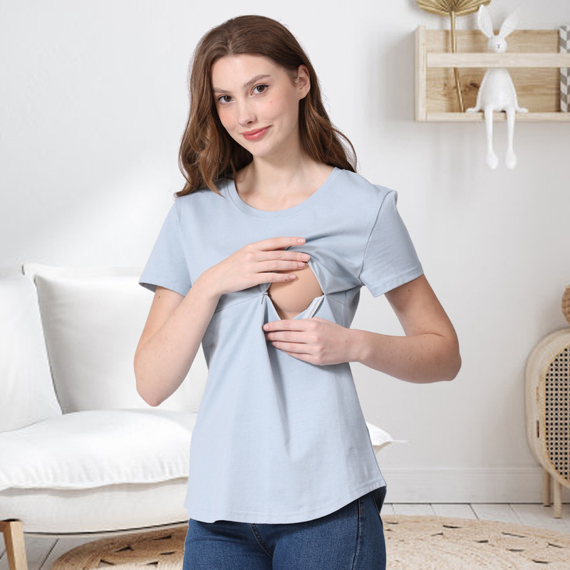 夏の辛いお母さんの妊婦の半袖のtシャツの純綿のファスナーの授乳服の家庭の底のシャツの欧米の大きいサイズは現物を提供します。|undefined