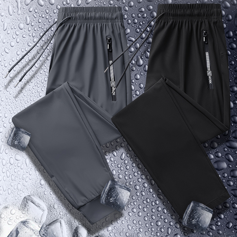 Pantalones deportivos casuales de seda de hielo para hombres pantalones de verano finos de punto de oro elásticos de secado rápido casuales atados al tobillo más pantalones de tamaño