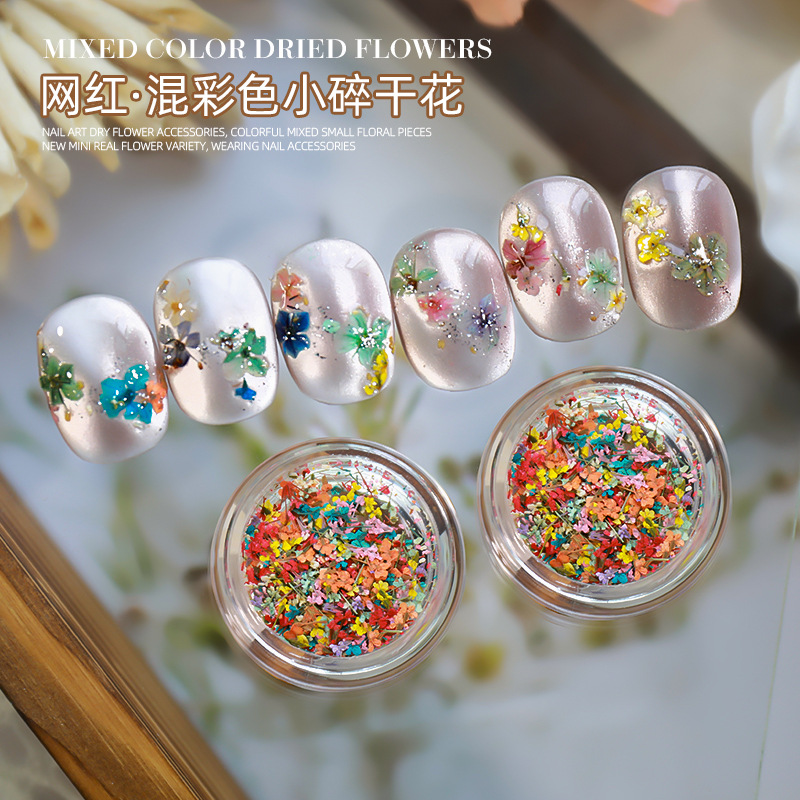Red de Internet estilo caliente arte de uñas color mixto flores pequeñas flores secas primavera pintura al óleo a juego mini flores reales desgaste uñas adornos de uñas