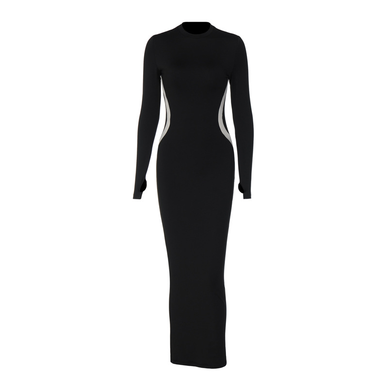 Women's Slim Fit Long Sleeve Round Neck Dress In Solid Colour_voghion.com