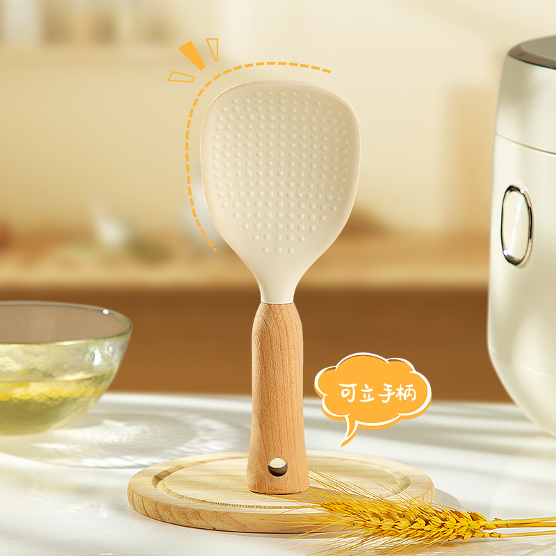 Silicone beech wood rice spoon can stand upright bear rice shovel for serving rice non-stick rice household can stand and store rice spoon
