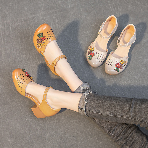  Summer New Arrival Women's Hollow Sandals: Chunky Mid-Heel, Round Toe, Tinted Finish, Cutout Design, with Velcro Strap and Closed Toe