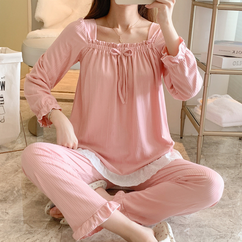 Primavera y otoño nuevos pijamas de las mujeres fuera del cuello de manga larga arco de color sólido dulce lindo traje de desgaste para el hogar se puede usar fuera