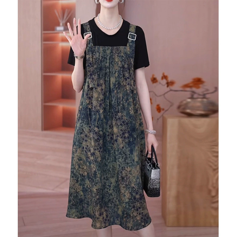 Высококачественное ретро-цветочное платье-мама с подтяжками, имитация двух частей, большой размер, свободная юбка до колен, летняя новинка 2025 года
