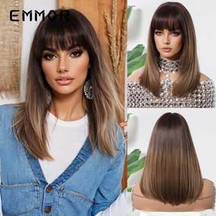 Short Straight Hair Cyber Red Clavicle Hair Brown Straight Bangs Round Face Age-reducing Natural Elegant Wig Full Hair Style
