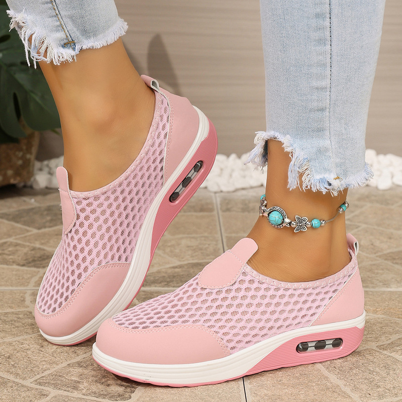 Cross-Border Large Size Mesh Hollow Air-Cushioned Thick-Soled Rocking Shoes for Women, Breathable Slip-On Sports Casual Shoes, Factory Direct Supply